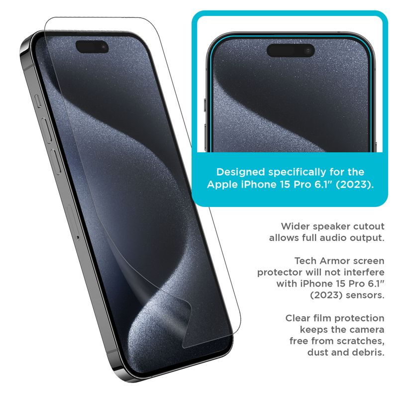 Tech Armor 4 Pack Apple iPhone 15 Pro Screen Protector, HD Clear Film - 6.1 Inch