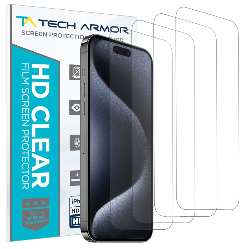 Tech Armor 4 Pack Apple iPhone 15 Pro Screen Protector, HD Clear Film - 6.1 Inch