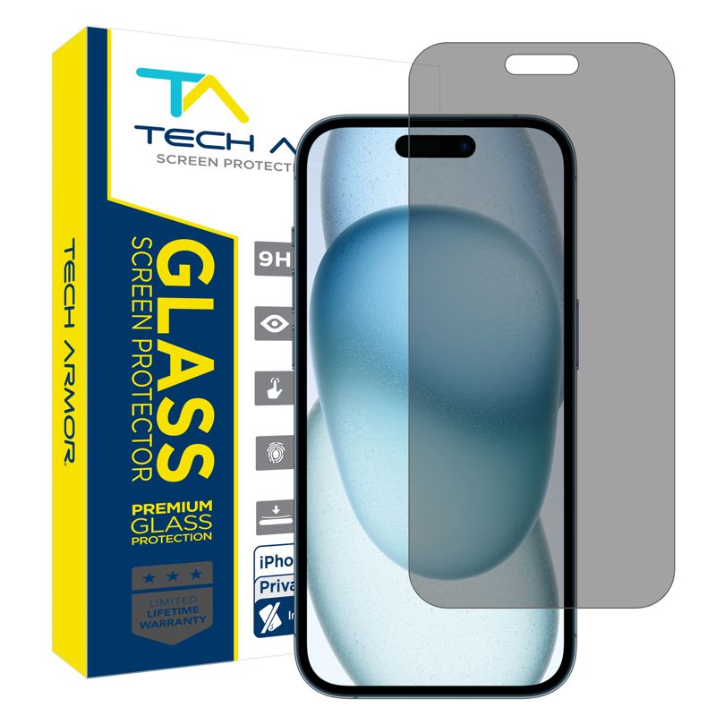 Tech Armor 1 Pack Privacy Screen Protector for iPhone 15 Anti-Spy Case Friendly Easy Installation Ballistic Tempered Glass Bubble Free 3D Touch Support [6.1 inch]