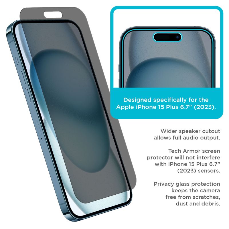 Tech Armor Privacy Screen Protector for iPhone 15 Plus 6.7 inch - Ballistic Tempered Glass, Anti-Spy, Case Friendly, Easy Installation, Bubble Free, Touch Support, 1 Pack