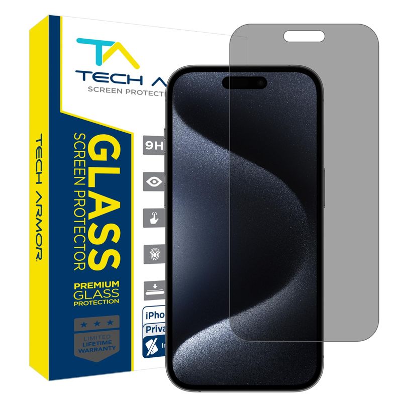 Tech Armor 1 Pack Privacy Screen Protector for iPhone 15 Pro Max Anti-Spy Case Friendly Easy Installation Ballistic Tempered Glass Bubble Free 3D Touch Support [6.7 inch]