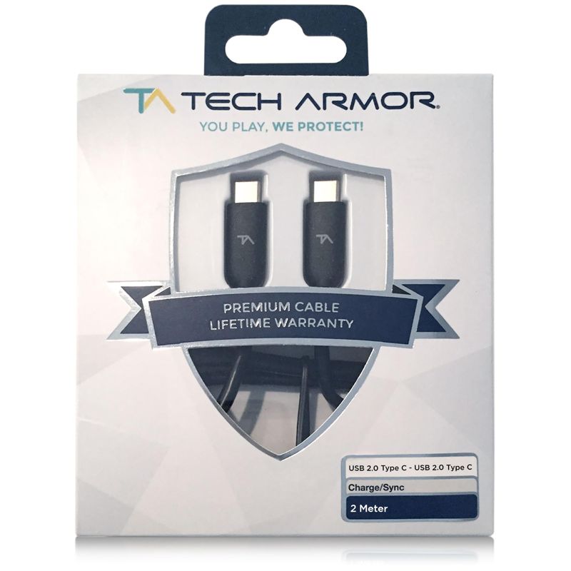 Tech Armor USB C to USB C 2.0 Cable - 20V/3A, 6 Feet, Black - High-Speed Data Transfer and Fast Charging - Compatible with USB Type-C Devices