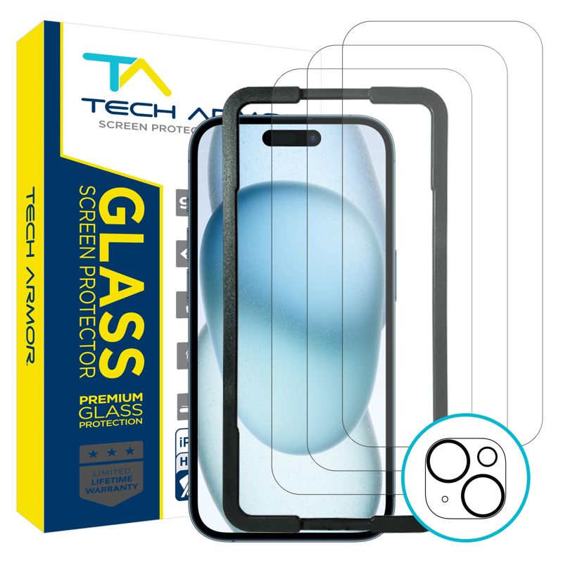 Tech Armor iPhone 15 Screen Protector 6.1 Inch - Ballistic Tempered Glass, Case Friendly, Sensor Protection, HD, 9H Hardness, 3 Pack + Bonus Camera Lens Protector