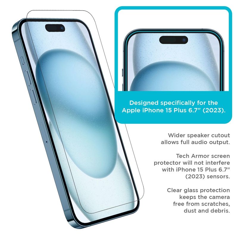 Tech Armor iPhone 15 Plus Screen Protector 6.7 Inch - Ballistic Tempered Glass, Case Friendly, Sensor Protection, HD, 9H Hardness, 3 Pack + Bonus Camera Lens Protector