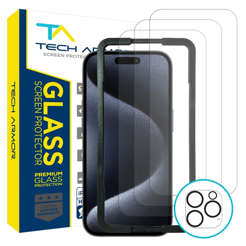 Tech Armor iPhone 15 Pro Max Screen Protector 6.7 Inch - Ballistic Tempered Glass, Case Friendly, 3 Pack + Bonus Camera Lens Protector