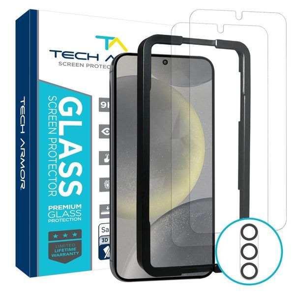 Tech Armor Samsung Galaxy S24 Screen Protector - 2 Pack, Ballistic Tempered Glass, Case-Friendly Design + Installation Tray with Bonus Lens Protector