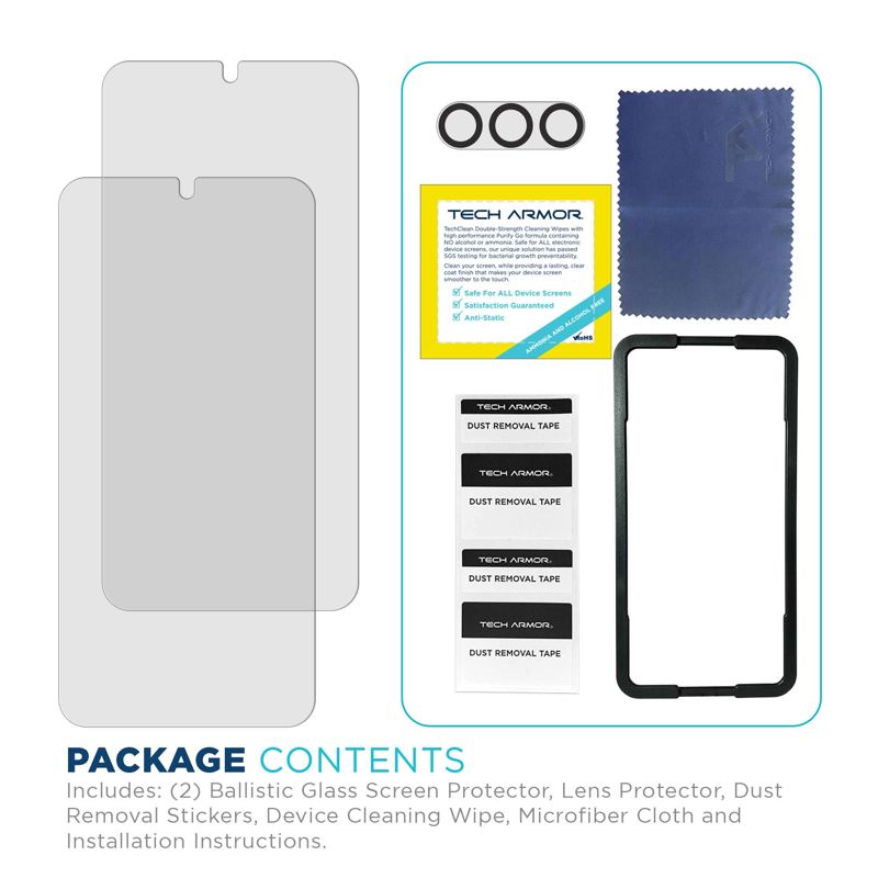 Tech Armor Samsung Galaxy S24 Screen Protector - 2 Pack, Ballistic Tempered Glass, Case-Friendly Design + Installation Tray with Bonus Lens Protector