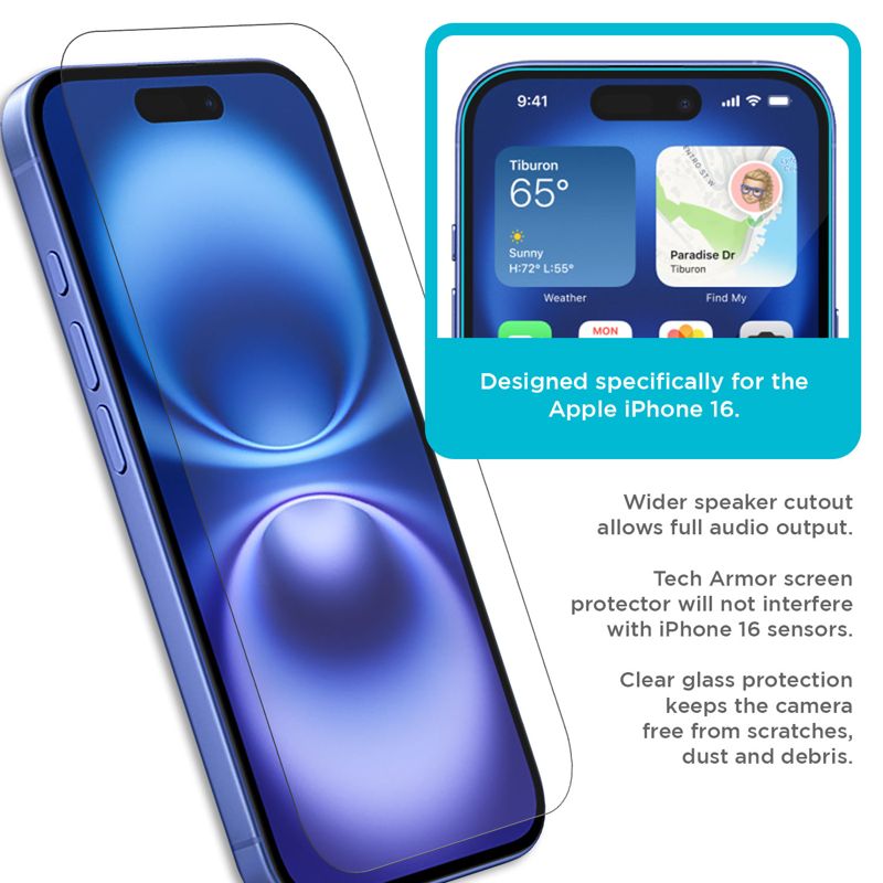 Tech Armor iPhone 16 Screen Protector - Ballistic Tempered Glass, Case Friendly, 3 Pack + Bonus Camera Lens Protector