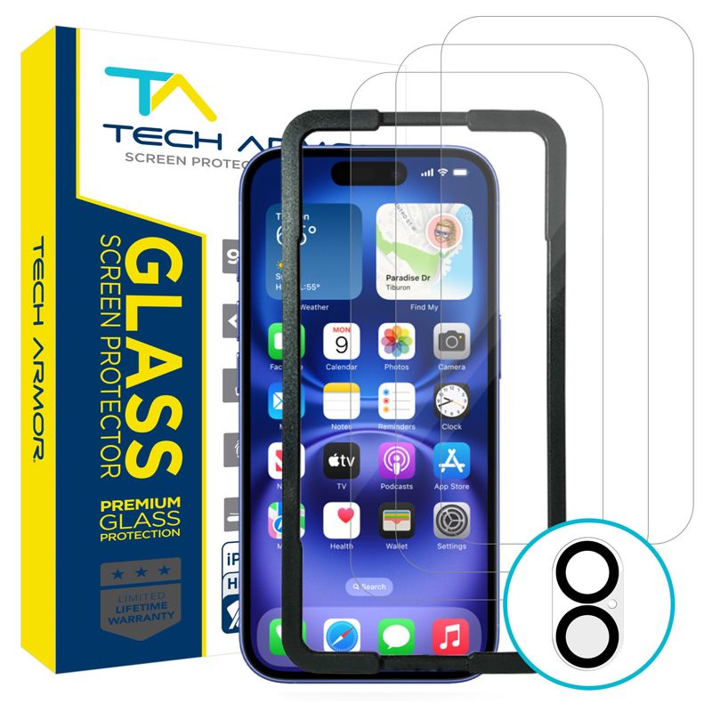 Tech Armor iPhone 16 Plus  Screen Protector - Ballistic Tempered Glass, Case Friendly,3 Pack + Bonus Camera Lens Protector