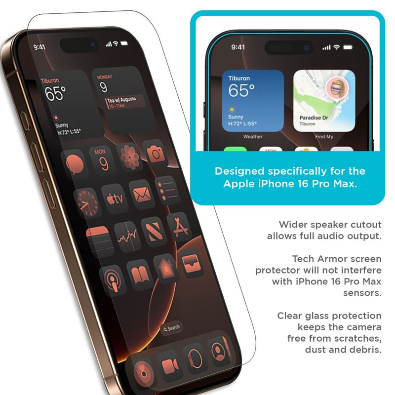 Tech Armor iPhone 16 Pro Max Screen Protector  - Ballistic Tempered Glass, Case Friendly, 3 Pack + Bonus Camera Lens Protector
