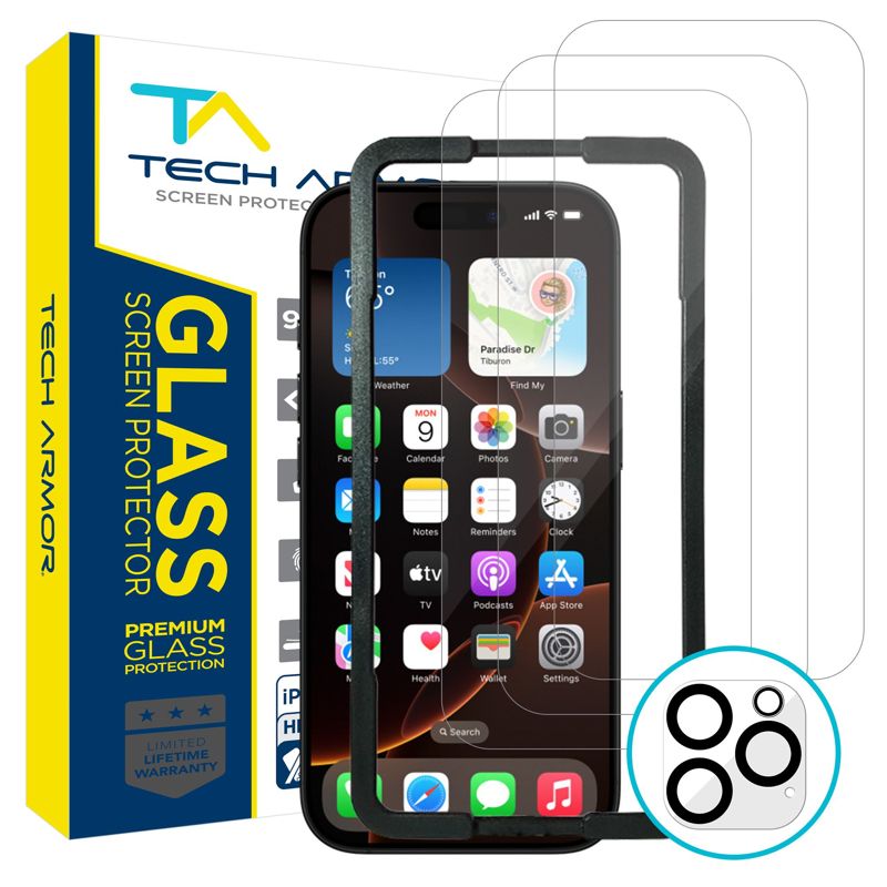 Tech Armor iPhone 16 Pro Max Screen Protector  - Ballistic Tempered Glass, Case Friendly, 3 Pack + Bonus Camera Lens Protector