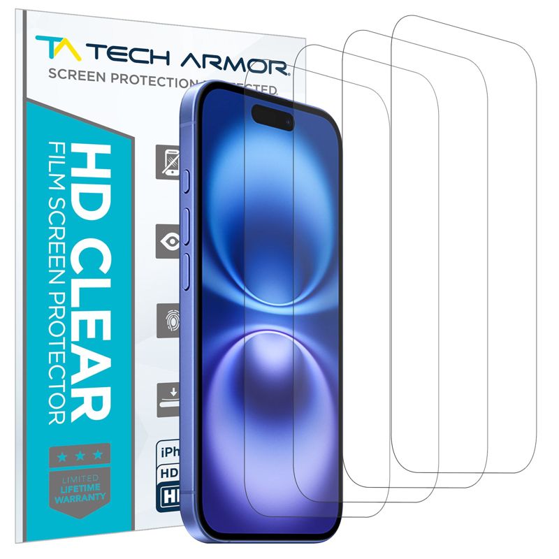 Tech Armor 4 Pack iPhone 16 Screen Protector - HD Clear Film, Premium Quality