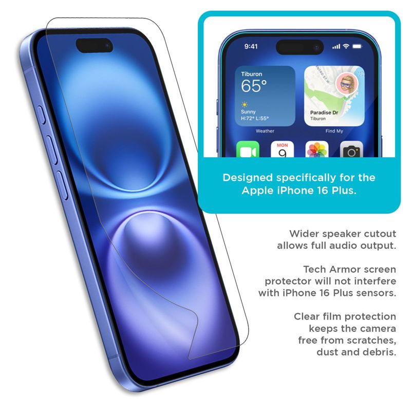Tech Armor 4 Pack iPhone 16 Plus Screen Protector - HD Clear Film, Crystal Clear Clarity, Premium Quality
