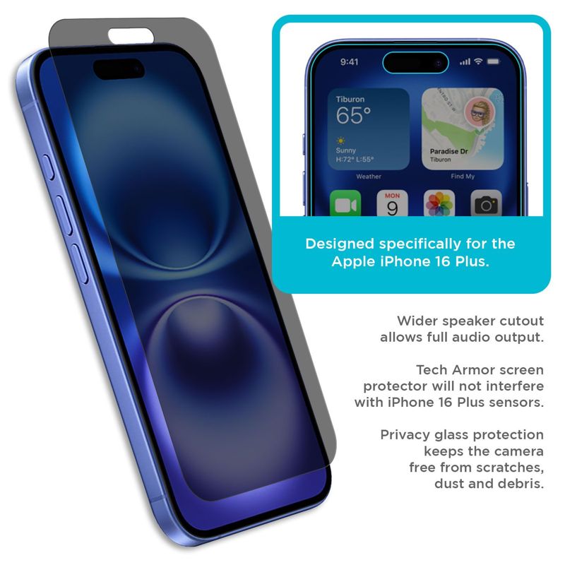 Tech Armor Privacy Screen Protector for iPhone 16 Plus - Ballistic Tempered Glass, Anti-Spy, Case Friendly, Easy Installation, Bubble Free, Touch Support, 1 Pack