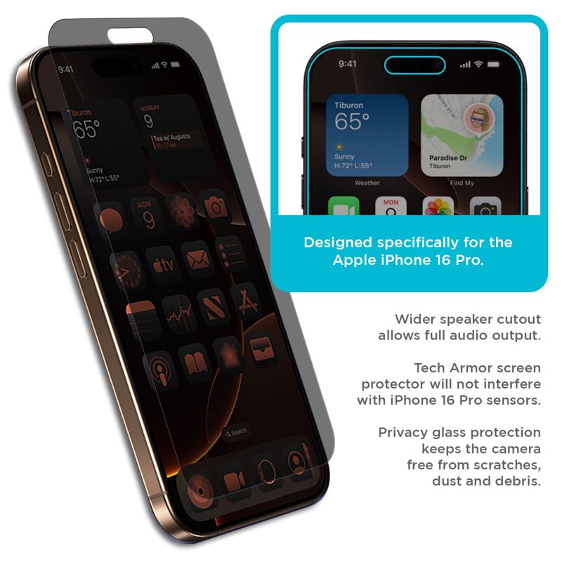 Tech Armor Privacy Screen Protector for iPhone 16 Pro - Ballistic Tempered Glass, Anti-Spy, Case Friendly, Easy Installation, Bubble Free, Touch Support, 1 Pack