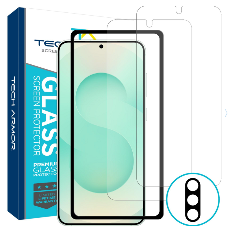 Tech Armor Samsung Galaxy S25 Plus Screen Protector - 2 Pack, Ballistic Tempered Glass, Case-Friendly Design + Installation Tray with Bonus Lens Protector