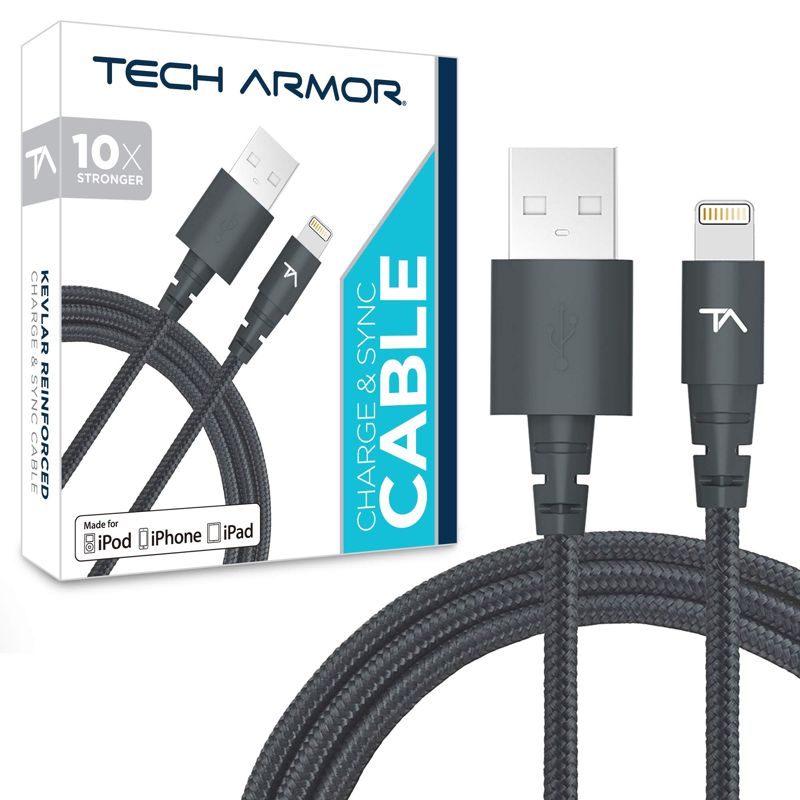 Tech Armor Apple MFi Certified Lightning to USB Sync/Charge Cable Compatible with iPhone or iPad, Made with Kevlar, Tough-Braided Extra-Strong Jacket (Space Gray, 6 Feet)