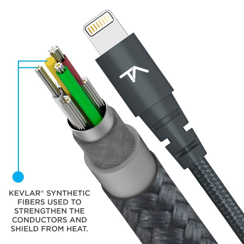 Tech Armor Apple MFi Certified Lightning to USB Sync/Charge Cable Compatible with iPhone or iPad, Made with Kevlar, Tough-Braided Extra-Strong Jacket (Space Gray, 6 Feet)