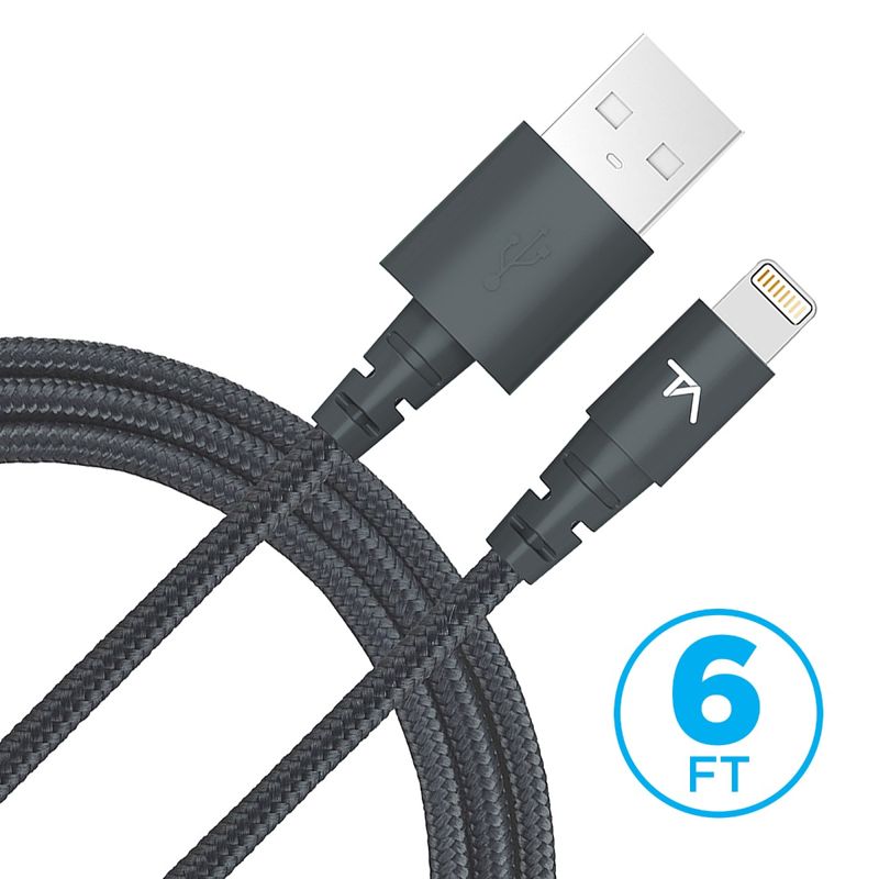 Tech Armor Apple MFi Certified Lightning to USB Sync/Charge Cable Compatible with iPhone or iPad, Made with Kevlar, Tough-Braided Extra-Strong Jacket (Space Gray, 6 Feet)