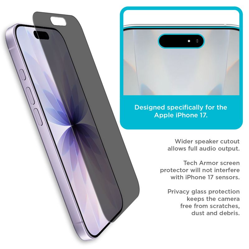 Tech Armor for iPhone 17 Screen Protector Privacy Glass 6.3 inch - Ballistic Tempered, Anti-Spy, Case Friendly, Easy Installation, Bubble Free, Touch Support, 1 Pack