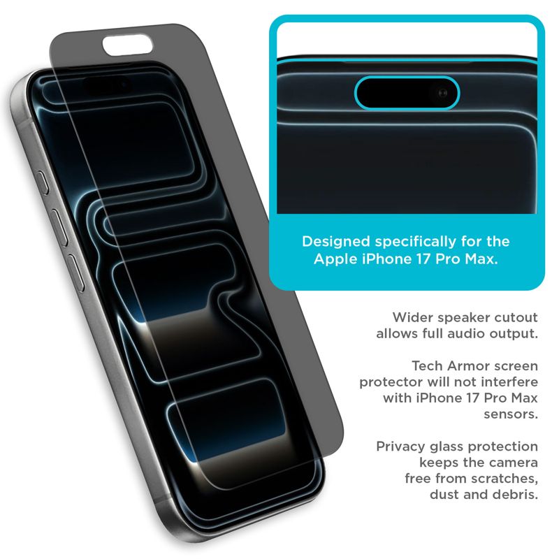 Tech Armor for iPhone 17 Pro Max Screen Protector Privacy Glass 6.9 inch - Ballistic Tempered, Anti-Spy, Case Friendly, Easy Installation, Bubble Free, Touch Support, 1 Pack