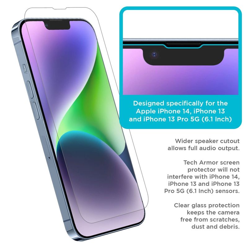 Tech Armor 3 Pack Ballistic Glass Screen Protector Compatible for Apple NEW iPhone 14 (2022) , iPhone 13 and iPhone 13 Pro (2021) 5G 6.1 Inch Tempered Glass