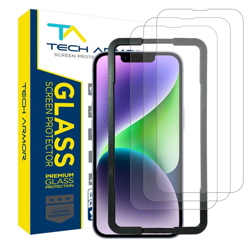 Tech Armor 3 Pack Ballistic Glass Screen Protector Compatible for Apple NEW iPhone 14 (2022) , iPhone 13 and iPhone 13 Pro (2021) 5G 6.1 Inch Tempered Glass