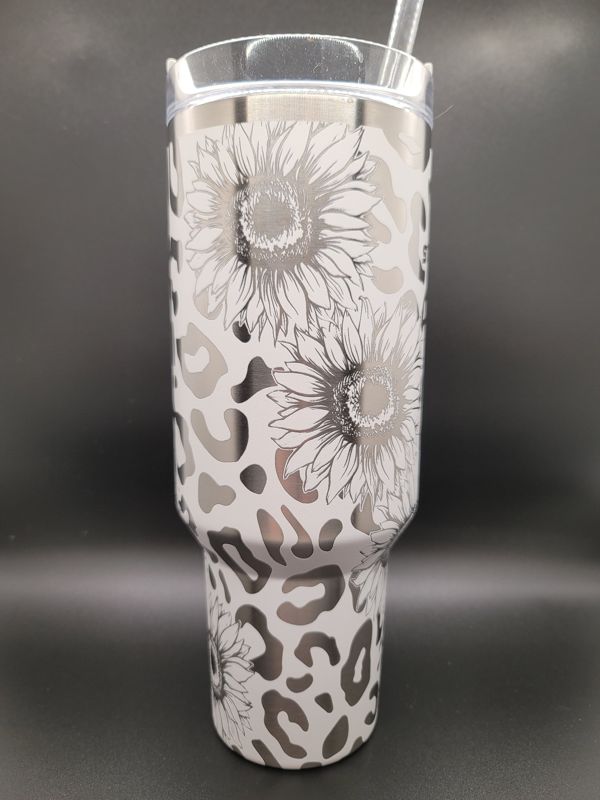 Sunflower & Leopard Print Tumbler Engraved Stanley Quencher 40oz (Cream, Leopard/Sunflower)