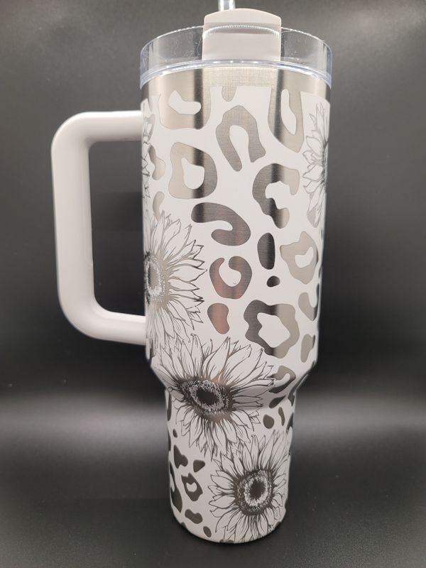 Sunflower & Leopard Print Tumbler Engraved Stanley Quencher 40oz (Cream, Leopard/Sunflower)