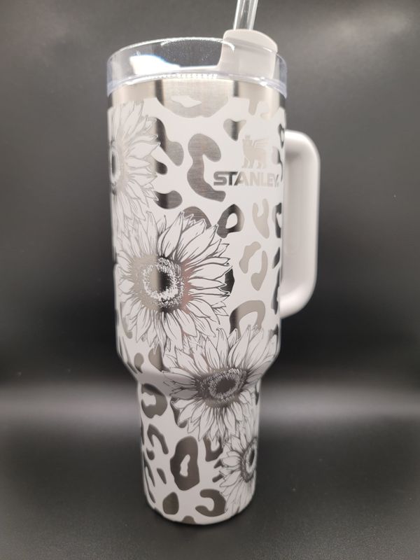 Sunflower & Leopard Print Tumbler Engraved Stanley Quencher 40oz (Cream, Leopard/Sunflower)