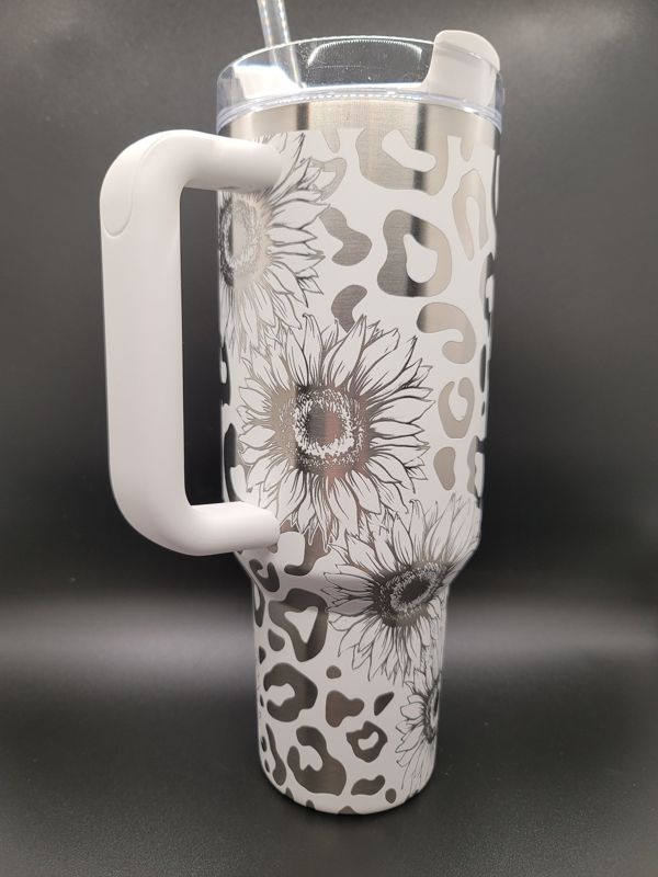 Sunflower & Leopard Print Tumbler Engraved Stanley Quencher 40oz (Cream, Leopard/Sunflower)