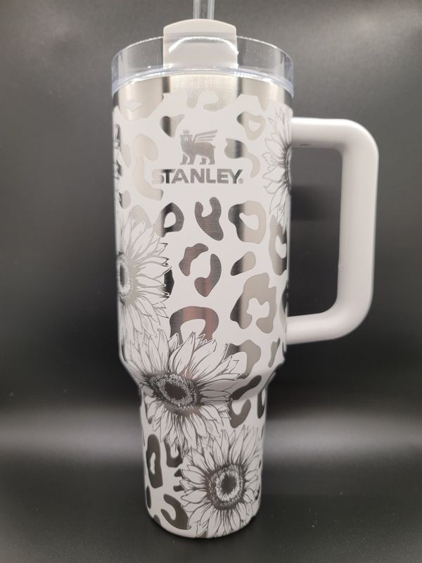 Sunflower & Leopard Print Tumbler Engraved Stanley Quencher 40oz (Cream, Leopard/Sunflower)
