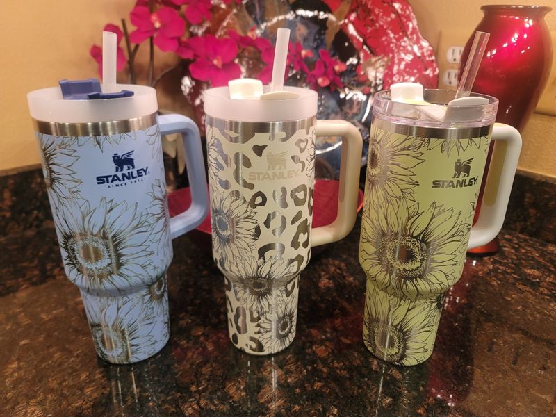 Sunflower & Leopard Print Tumbler Engraved Stanley Quencher 40oz (Cream, Leopard/Sunflower)