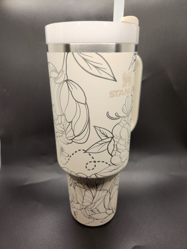 Spring Peony Tumbler with Bees! Engraved Stanley Quencher 40oz (Cream, Peony)