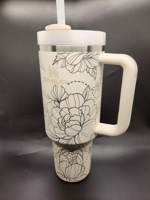 Spring Peony Tumbler with Bees! Engraved Stanley Quencher 40oz (Cream, Peony)