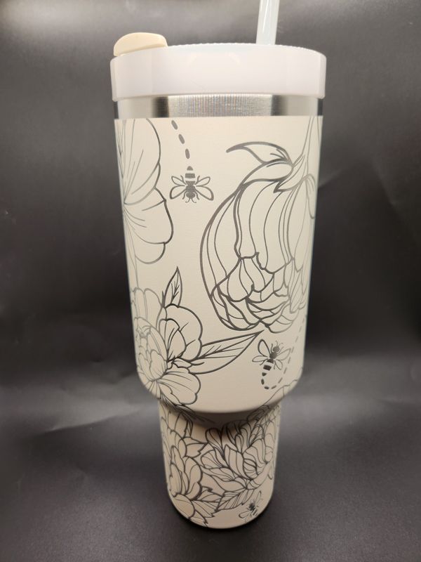 Spring Peony Tumbler with Bees! Engraved Stanley Quencher 40oz (Cream, Peony)