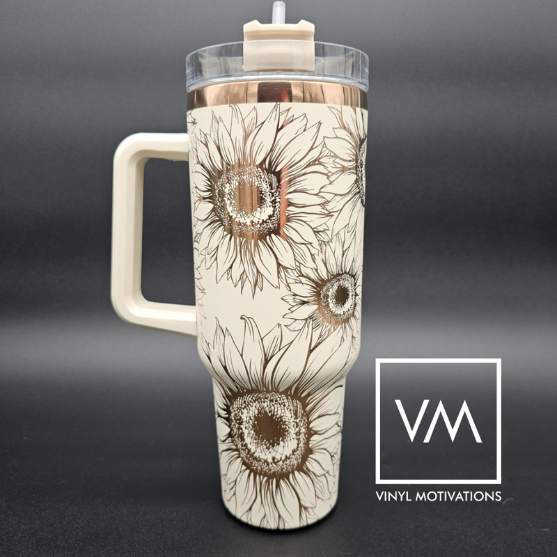 VM Laser Motivations Copper Engraved Tumbler, 40oz with Handle (Cream, Sunflower)