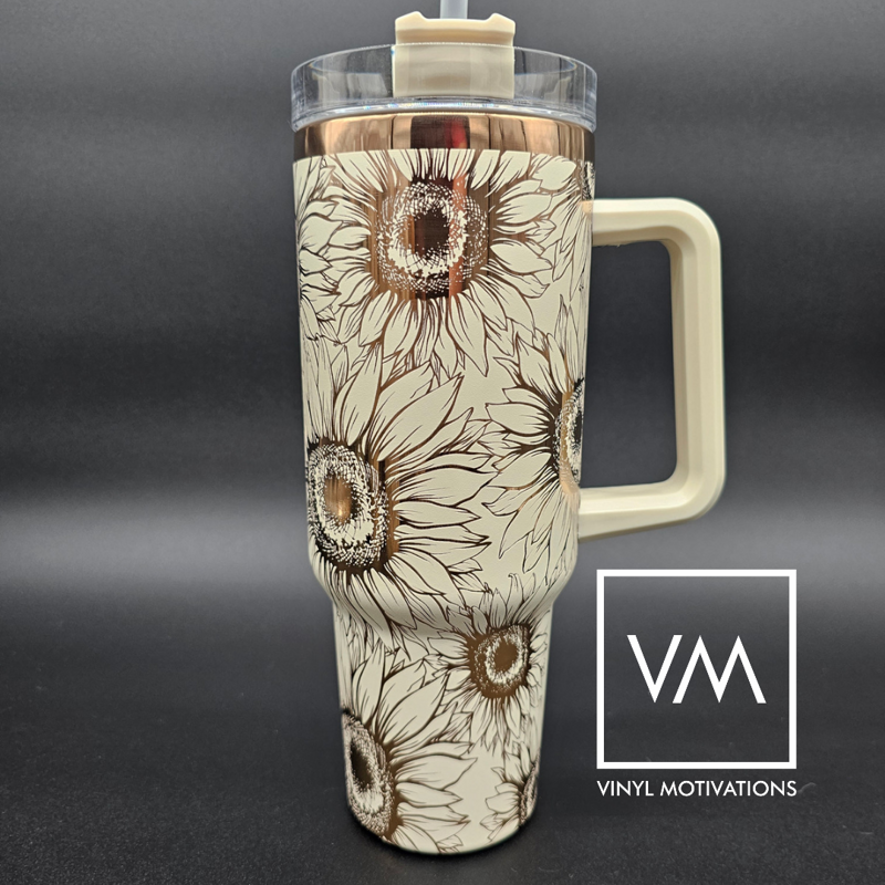 VM Laser Motivations Copper Engraved Tumbler, 40oz with Handle (Cream, Sunflower)