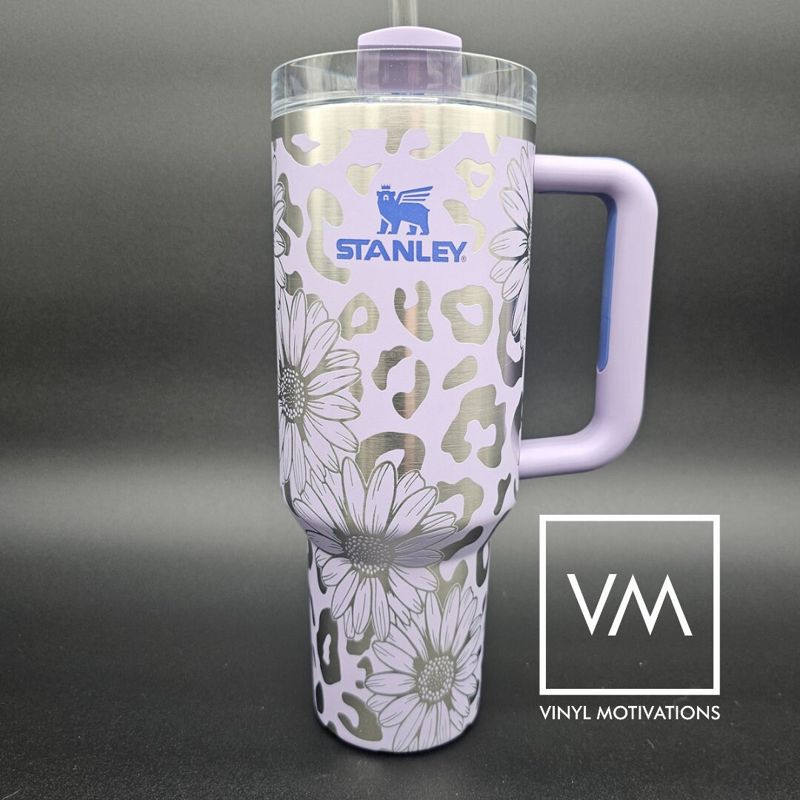 Daisy & Leopard Print Tumbler Engraved Stanley Quencher 40oz (Cream, Daisy & Leopard)
