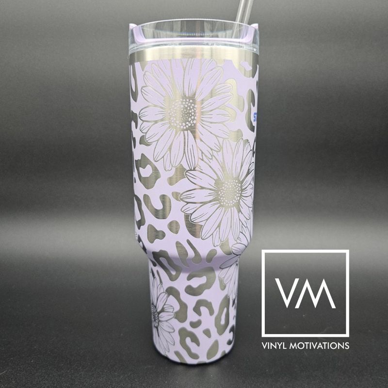 Daisy & Leopard Print Tumbler Engraved Stanley Quencher 40oz (Cream, Daisy & Leopard)