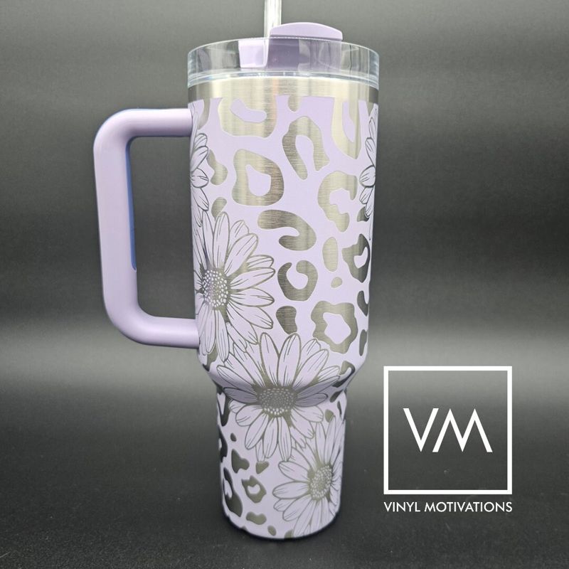 Daisy & Leopard Print Tumbler Engraved Stanley Quencher 40oz (Cream, Daisy & Leopard)